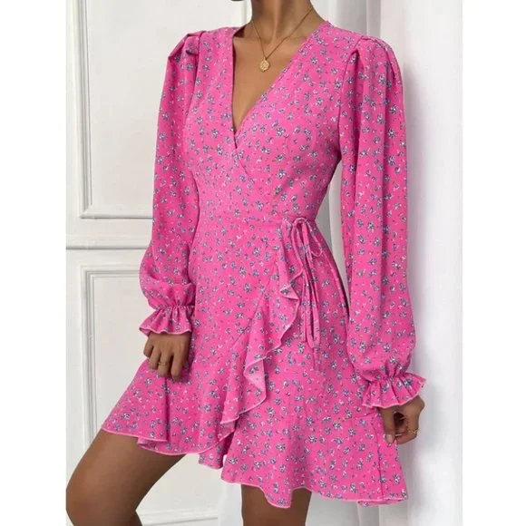 Pink Boho Ditsy Floral Flounce Long Sleeve Knot Side Mini Dress - Picture 5 of 6